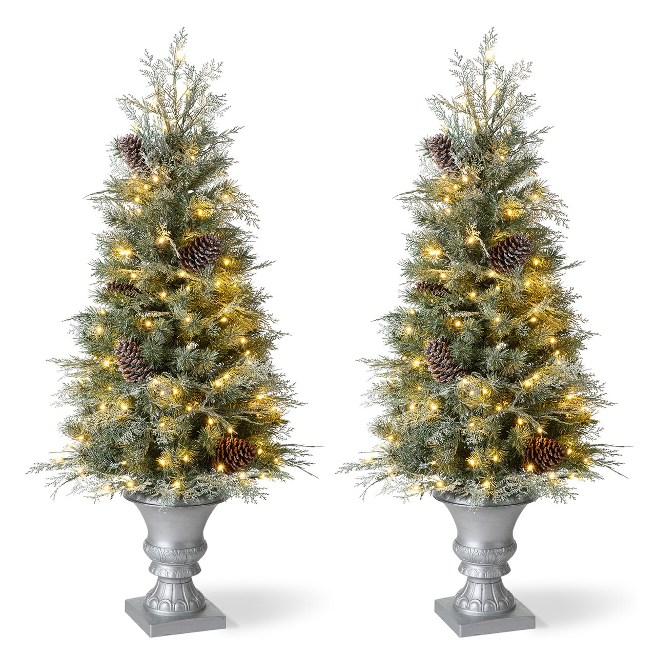 Set of 2 4ft/5ft Pre-Lit Pine Artificial Christmas Porch Tree with Warm White Lights and Red Berries